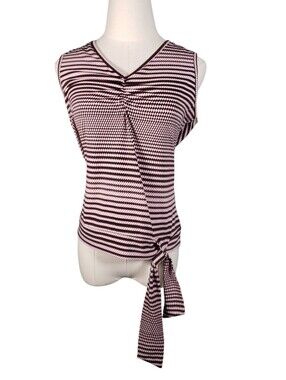 Zinc Sleeveless Pink and Black Stripe Tie-Hem Psychodelic Print V-neckline Top